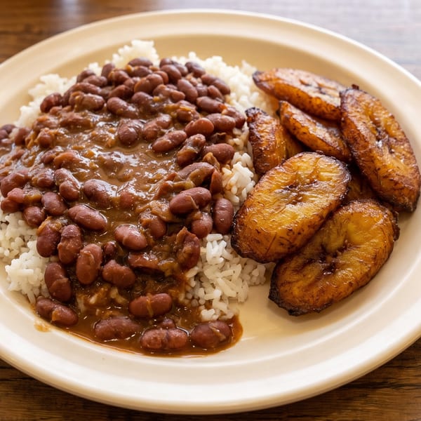 A plate of white rice topped with red beans in sauce, served with fried plantains.