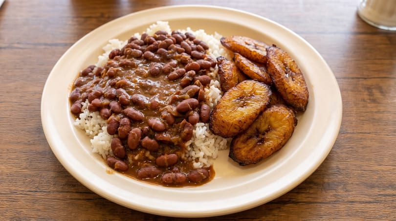 A plate of white rice topped with red beans in sauce, served with fried plantains.