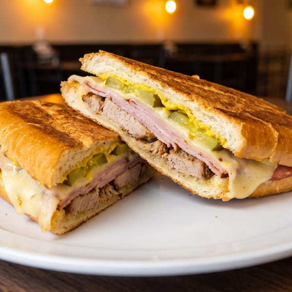 A Cuban sandwich, cut in half, filled with ham, pork, cheese, pickles, and mustard on a white plate.