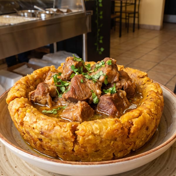 Mofongo bowl filled with stewed meat and gravy, garnished with fresh parsley on a wooden table.